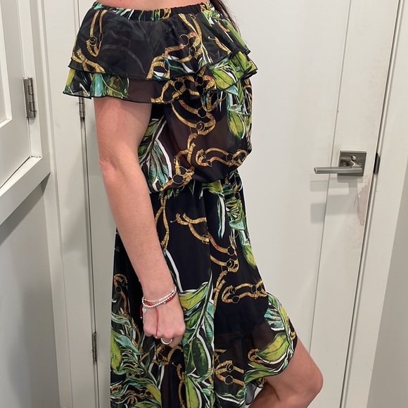 European brand O.N.E. Green and golden maxi dress, off the shoulder ruffles. - Picture 3 of 6